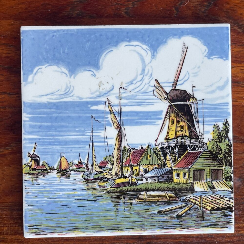 Delft of Holland Hand Painted Ceramic Tile Windmill Near Water Trivet